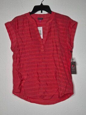 Vince Camuto Textured Split-Neck Cap Sleeve Top - Cayenne